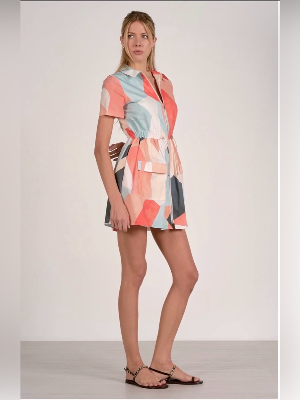 Elan Coral, Mint & Navy Abstract Print Short Prism Dress size S. NWT